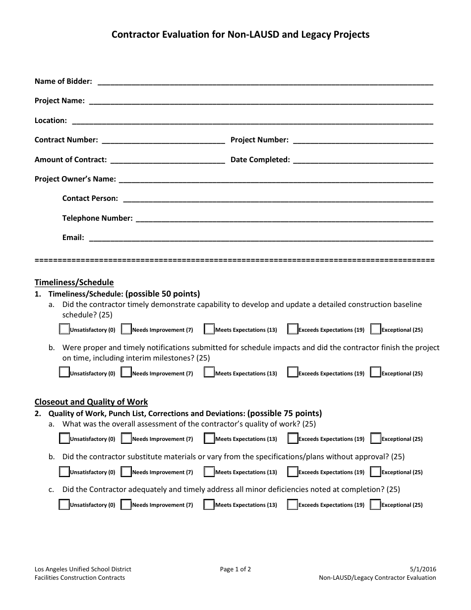 Contractor Evaluation Form - Los Angeles Unified School District, Page 1