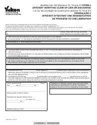 Form 4 (YG6241) Affidavit Verifying Claim of Lien or Discharge - Yukon, Canada (English/French)