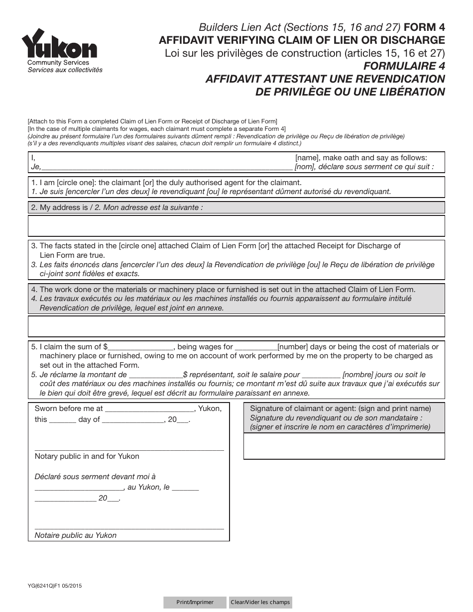 Form 4 (YG6241) Affidavit Verifying Claim of Lien or Discharge - Yukon, Canada (English / French), Page 1