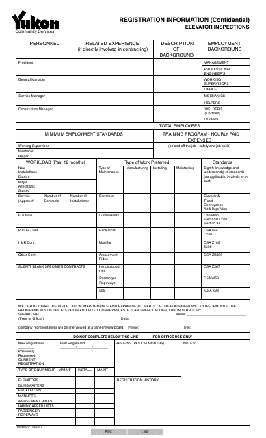 Form YG5426 Registration Information (Confidential) - Elevator Inspections - Yukon, Canada