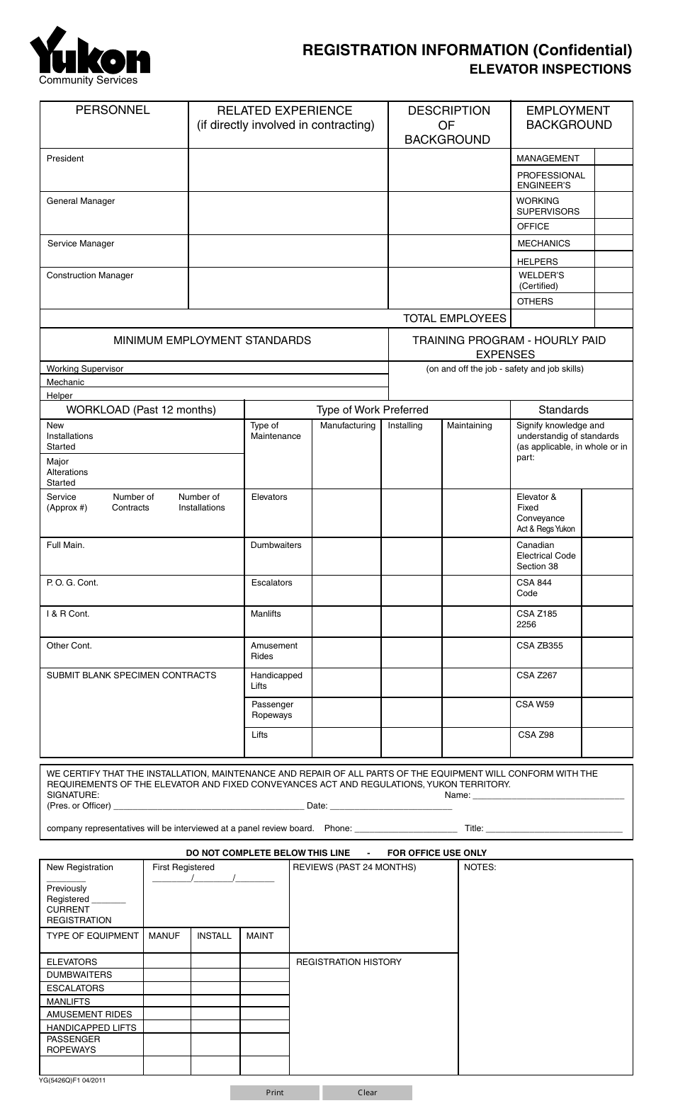 Form YG5426 Registration Information (Confidential) - Elevator Inspections - Yukon, Canada, Page 1
