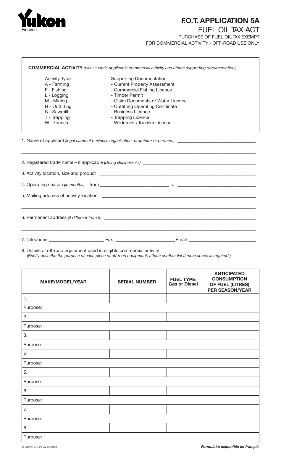 Form YG3161 Fuel Oil Tax - Application 5a - Yukon, Canada, Page 1