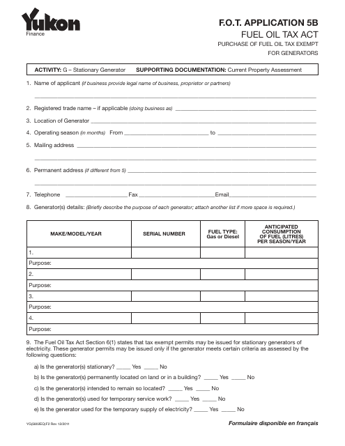 Form YG5802 Fuel Oil Tax - Application 5b - Yukon, Canada