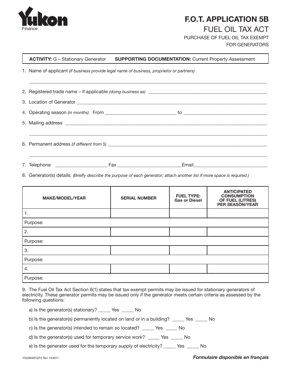 Form YG5802 Fuel Oil Tax - Application 5b - Yukon, Canada, Page 1