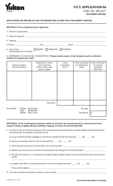 Form YG3369 Fuel Oil Tax - Application 6a - Yukon, Canada
