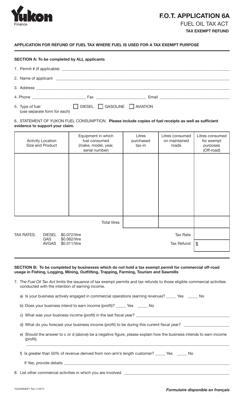 Form YG3369 Fuel Oil Tax - Application 6a - Yukon, Canada, Page 1
