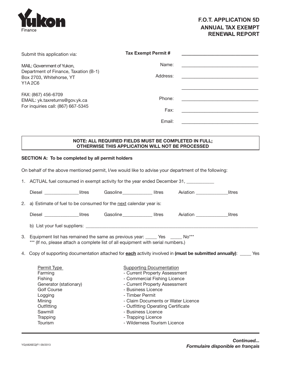 Form YG4826 Fuel Oil Tax - Application 5d - Yukon, Canada, Page 1