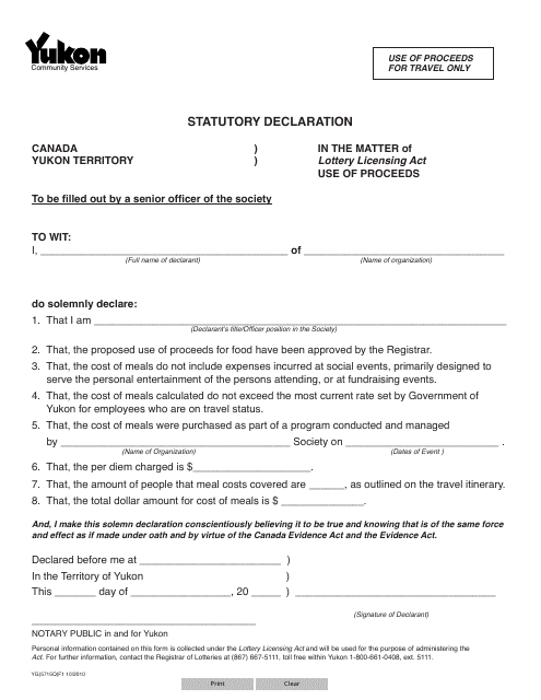 Form YG5715 Statutory Declaration - Yukon, Canada