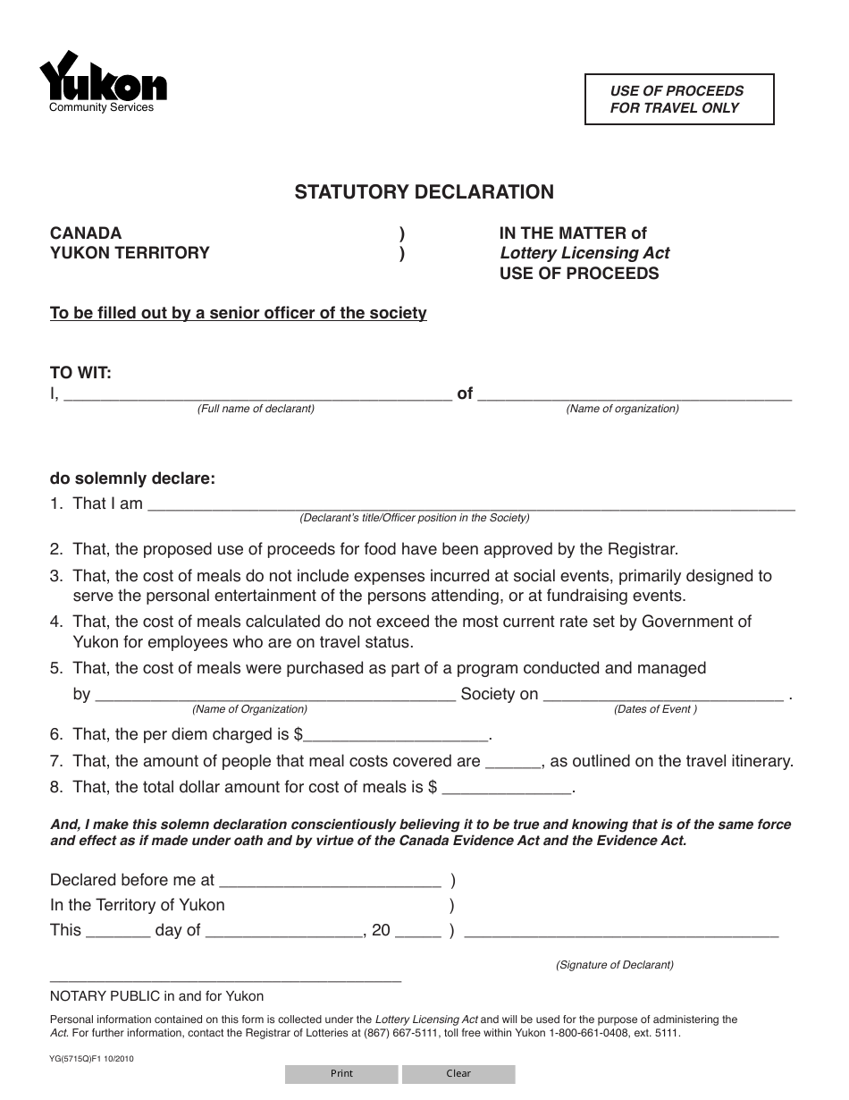 Form YG5715 Statutory Declaration - Yukon, Canada, Page 1