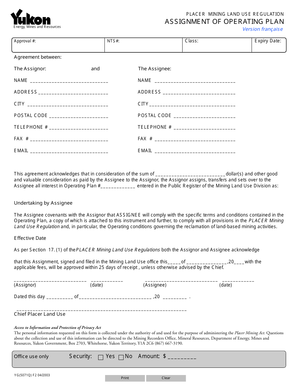 Form YG5071 Assigment of Operating Plan - Yukon, Canada, Page 1
