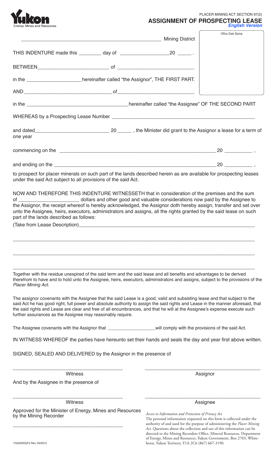 Form YG5035 Assignment of Prospecting Lease - Yukon, Canada, Page 1