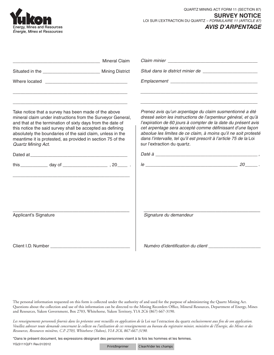 Form YG5111 Survey Notice - Yukon, Canada (English / French), Page 1