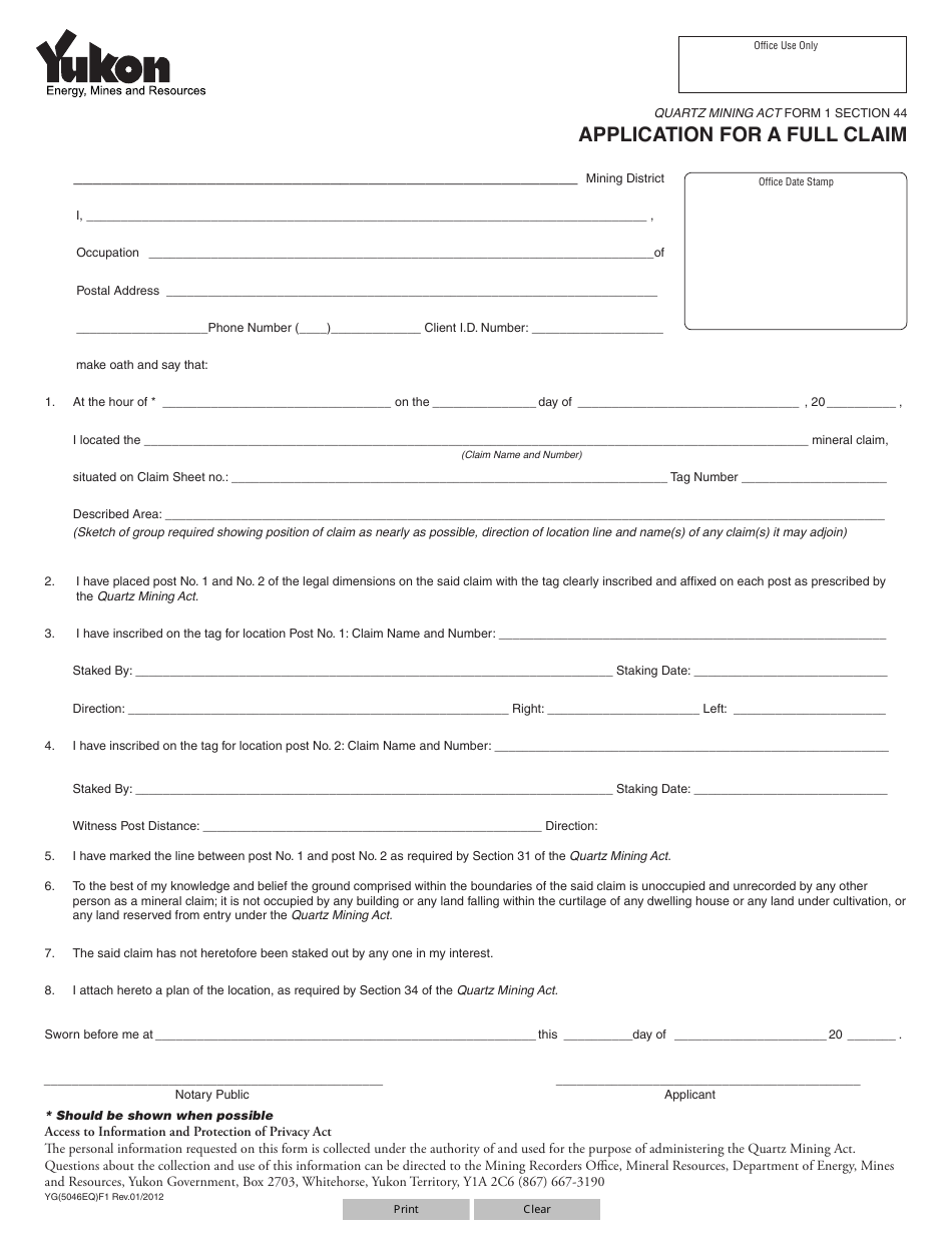 Form YG5046 Application for a Full Claim - Yukon, Canada, Page 1