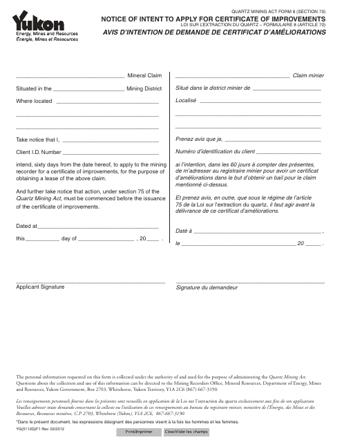 Form YG5112 Notice of Intent to Apply for Certificate of Improvements - Yukon, Canada (English/French)