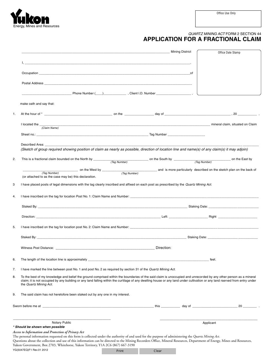 Form YG5047 Application for a Fractional Claim - Yukon, Canada, Page 1