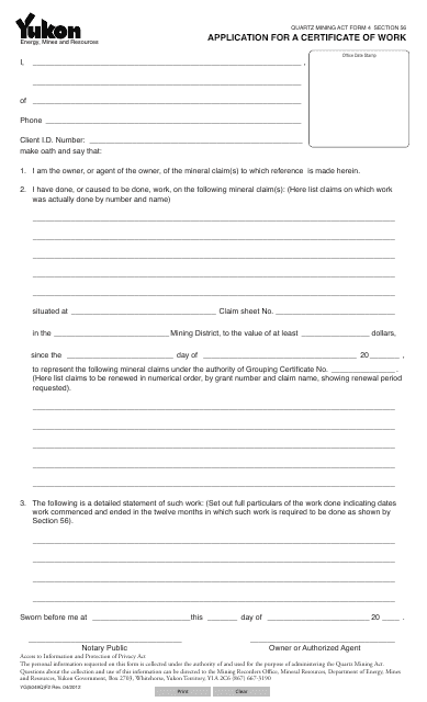 Form YG5049 Application for a Certificate of Work - Yukon, Canada