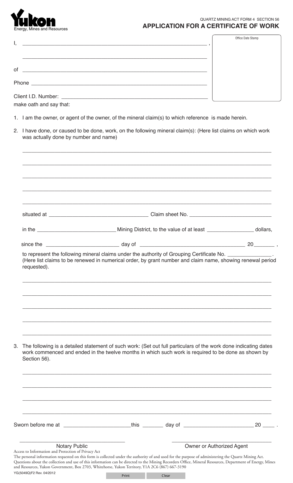 Form YG5049 Application for a Certificate of Work - Yukon, Canada, Page 1