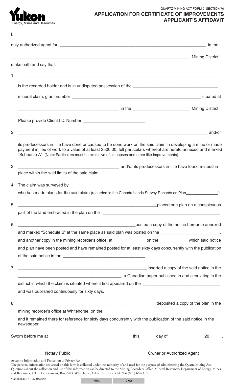 Form YG5050 Application for Certificate of Improvements Applicants Affidavit - Yukon, Canada, Page 1