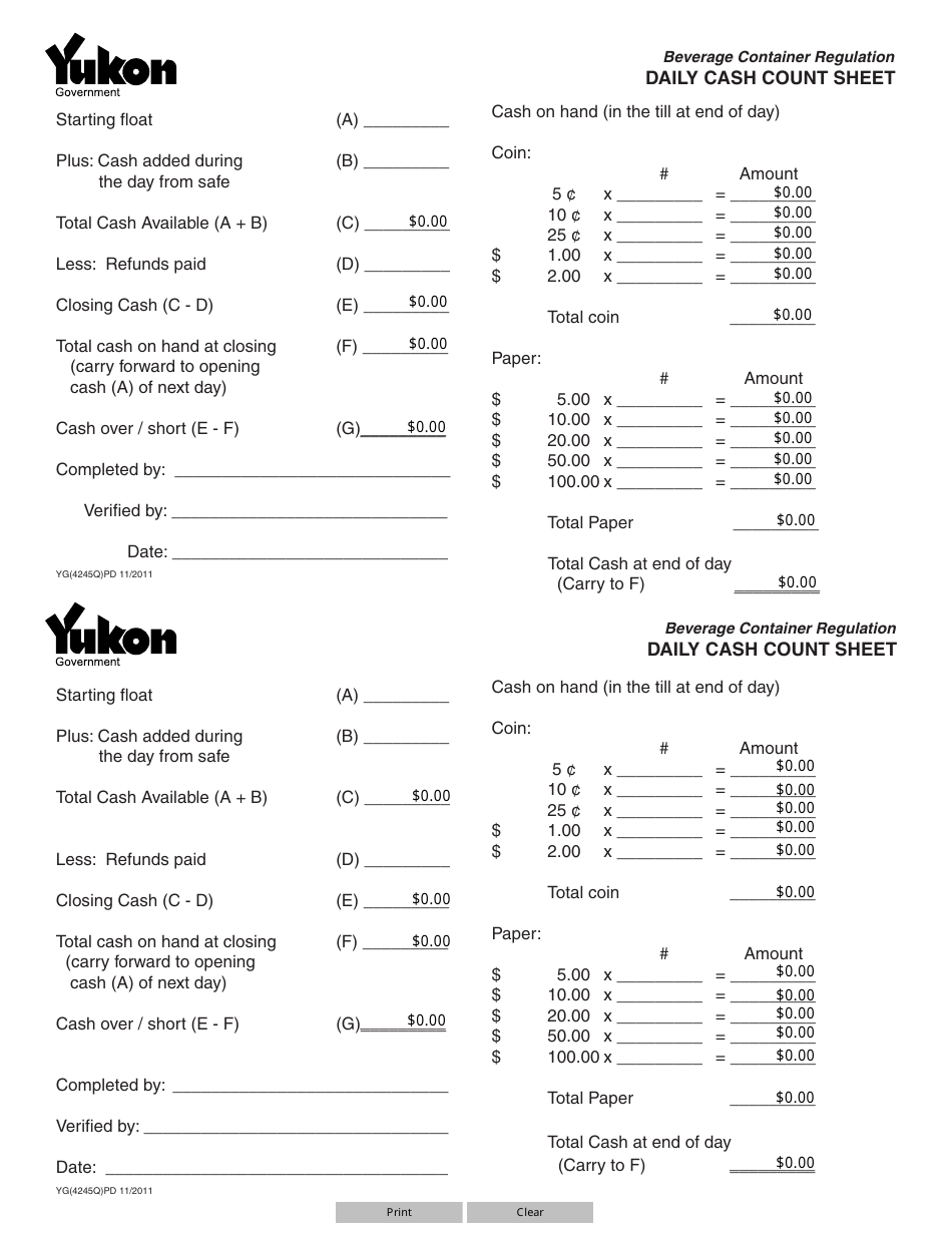 Form YG4245 Daily Cash Count Sheet - Yukon, Canada, Page 1