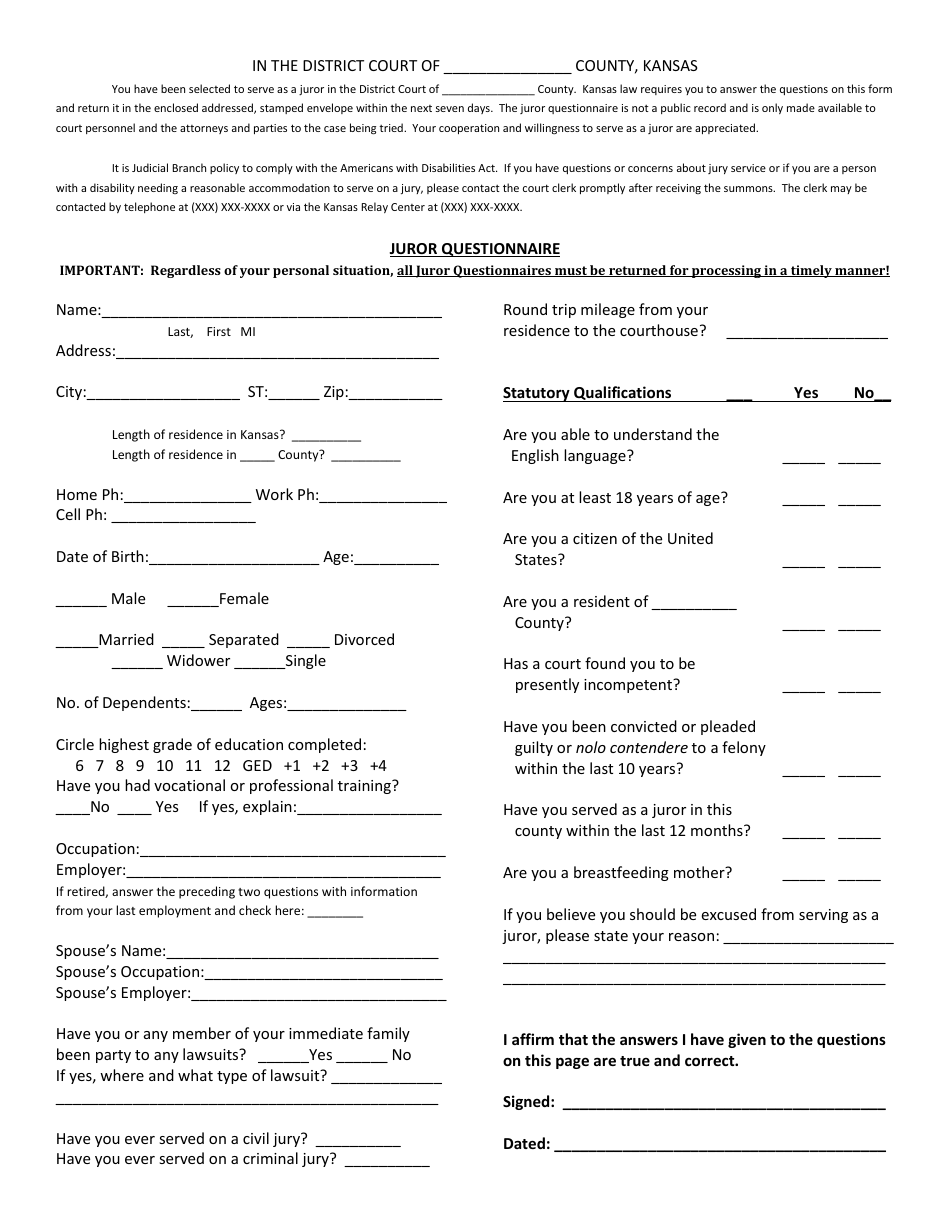 Kansas Juror Questionnaire Fill Out Sign Online And Download Pdf Templateroller