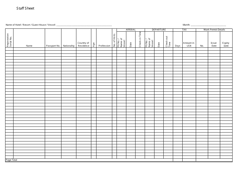 Hotel/Resort Staff Sheet Template