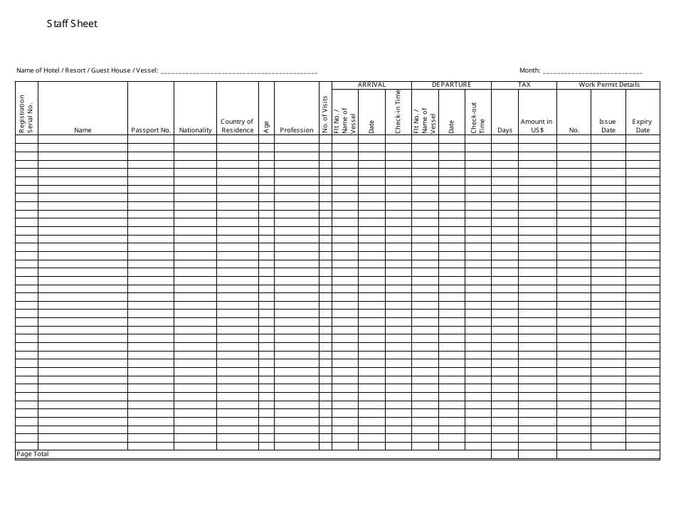 Hotel/Resort Staff Sheet Template Download Printable PDF | Templateroller