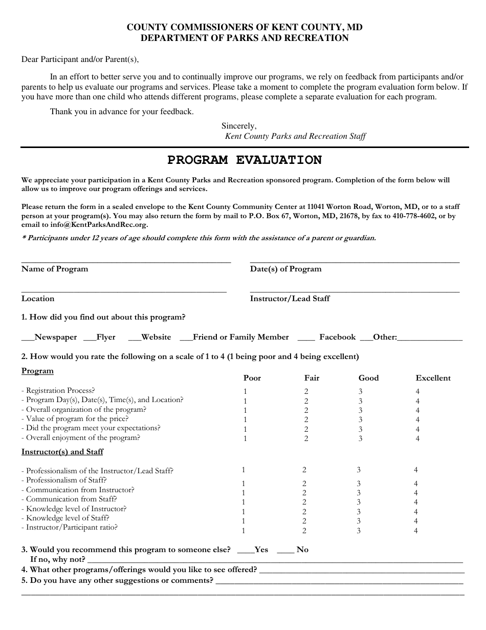 Program / Activity Evaluation Form - Kent County, Maryland, Page 1