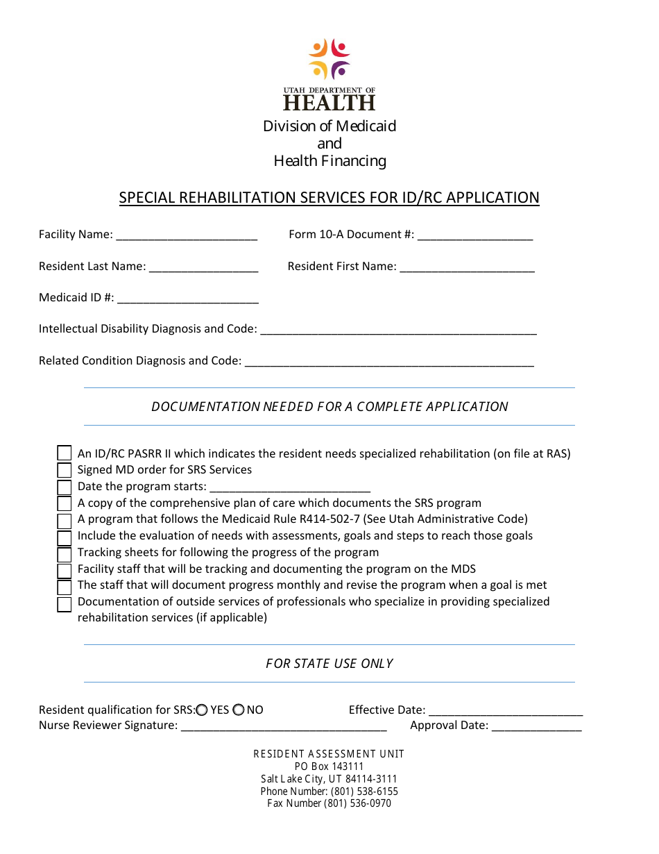 Special Rehabilitation Services for Id / RC Application Form - Utah, Page 1