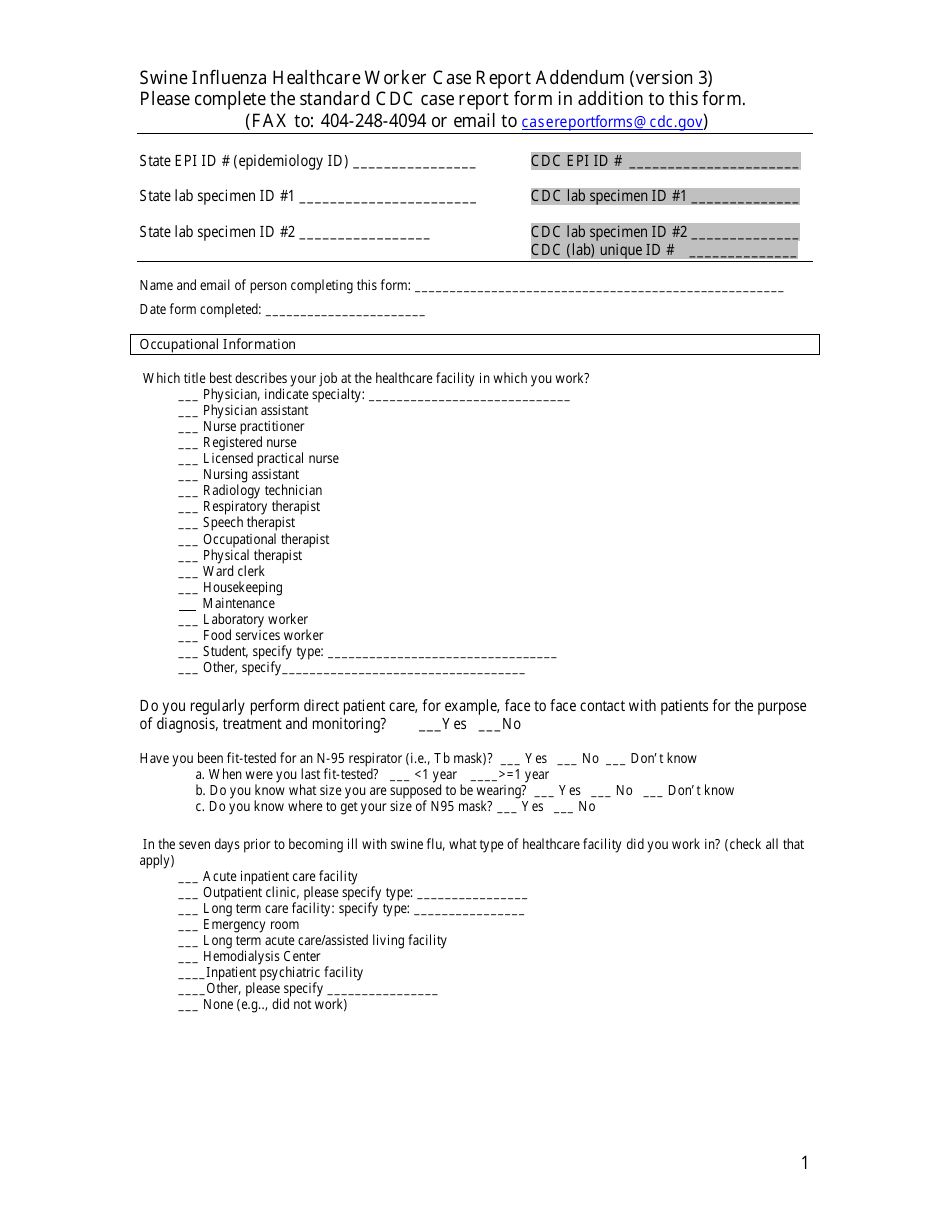 Swine Influenza Healthcare Worker Case Report Addendum Form, Page 1