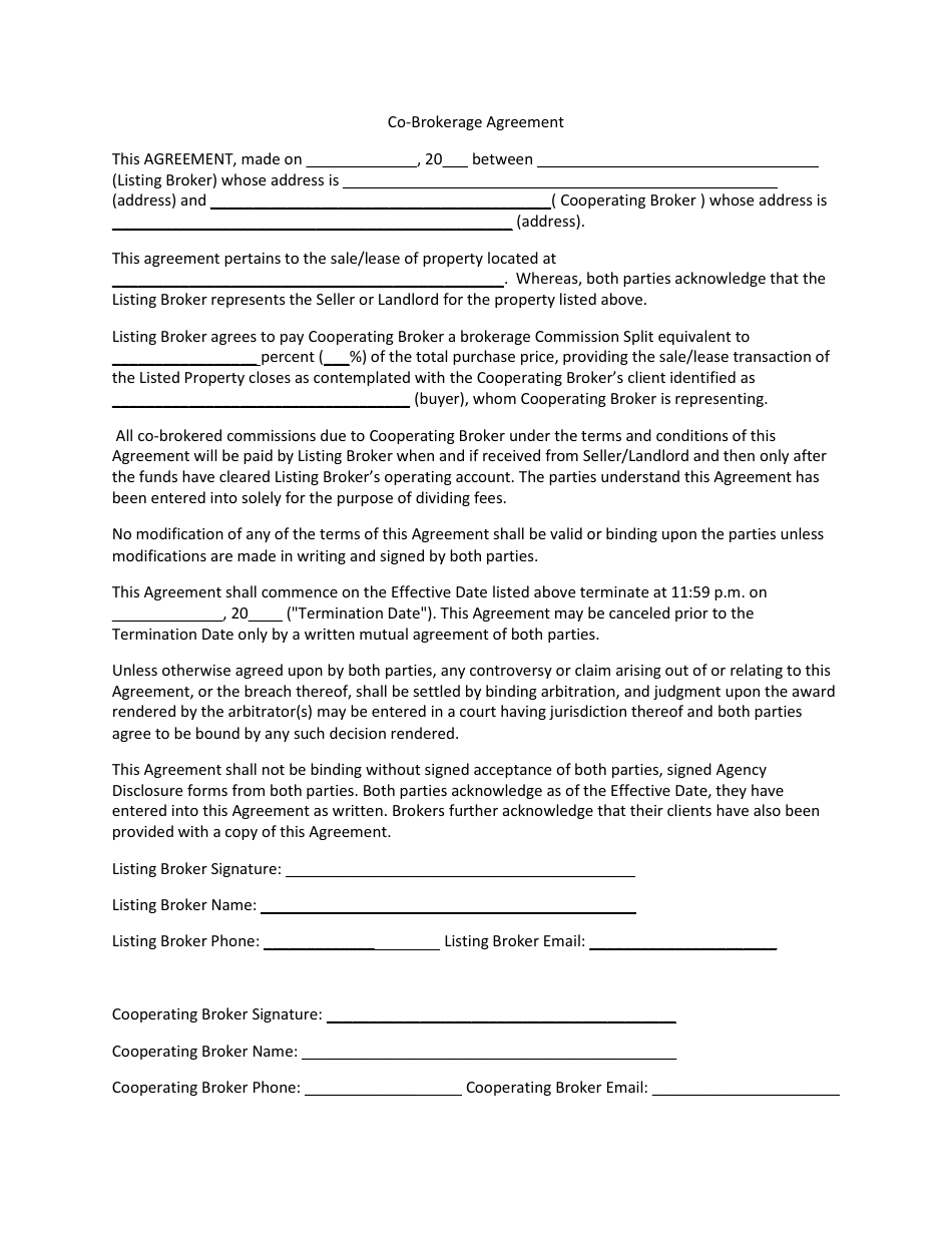 Co-brokerage Agreement Form Download Printable PDF  Templateroller Inside real estate commission split agreement template