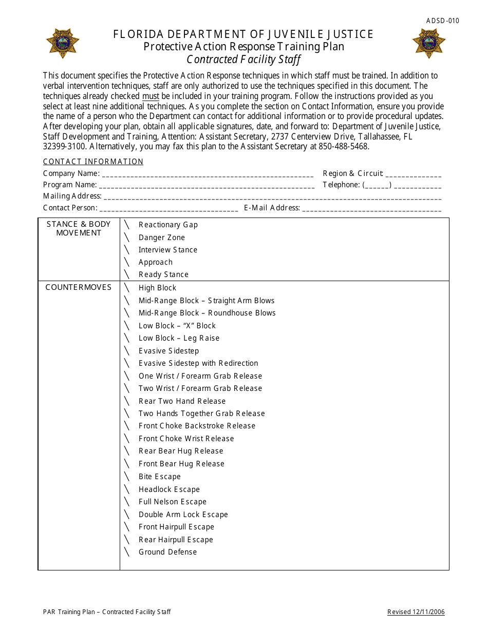 Form ADSD-010 Protective Action Response Training Plan Contracted Facility Staff - Florida, Page 1