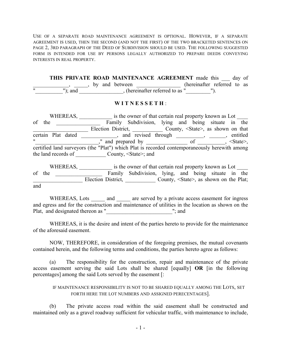 Private Road Maintenance Agreement Template, Page 1