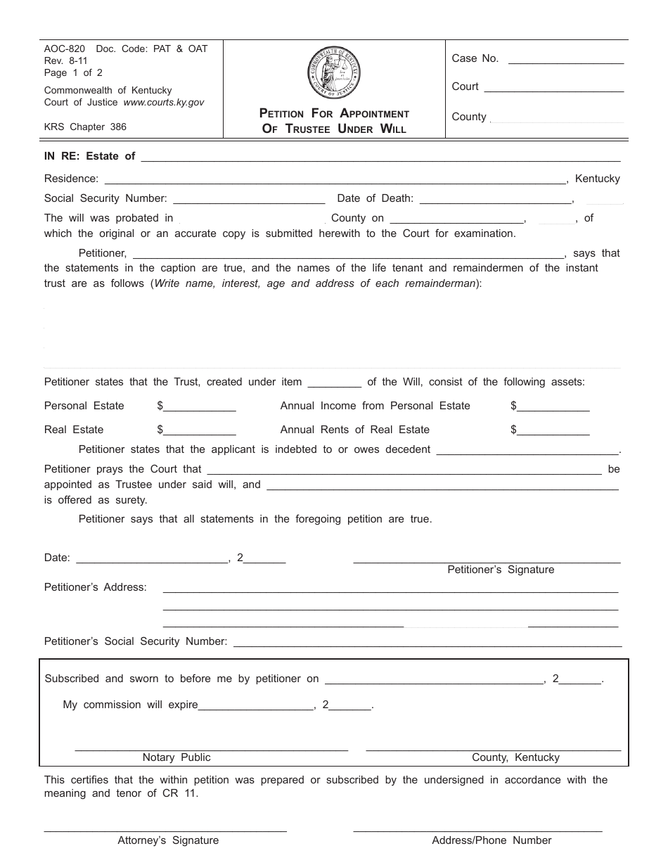 Form AOC-820 Petition for Appointment of Trustee Under Will - Kentucky, Page 1