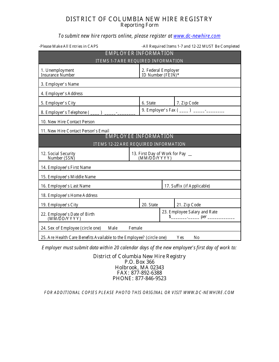 New Hire Reporting Form - District of Columbia New Hire Registry - Washington, D.C., Page 1