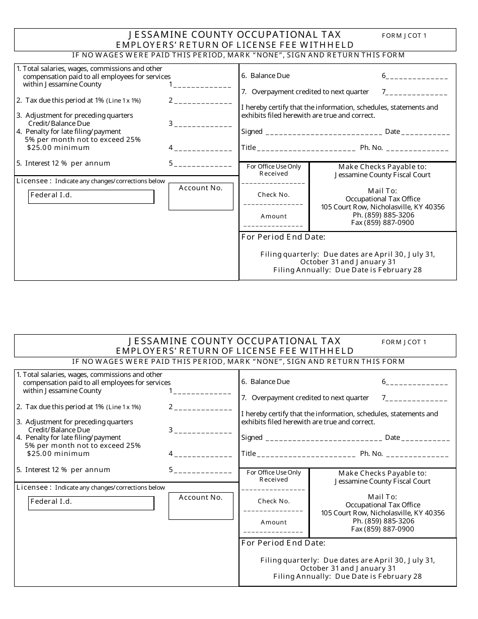 Form JCOT1 Employers' Return of License Fee Withheld - Jessamine County Occupational Tax - Jessamine County, Kentucky, Page 1
