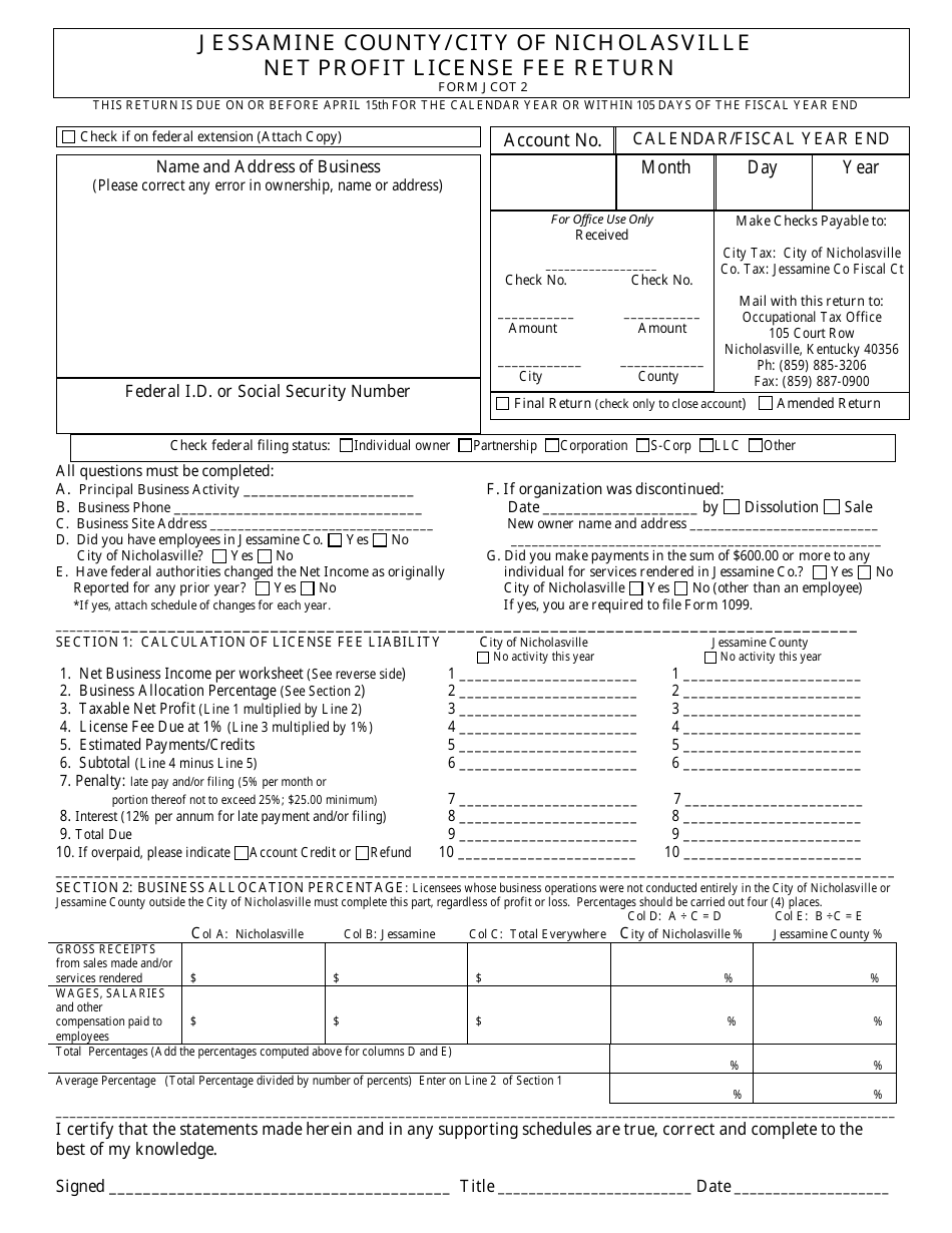 Form JCOT2 Net Profit License Fee Return - City of Nicholasville, Kentucky, Page 1