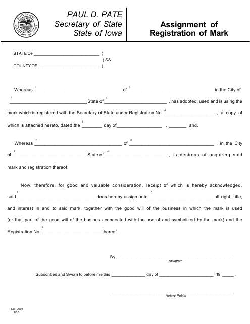 Form 635_0001 Assignment of Registration of Mark - Iowa