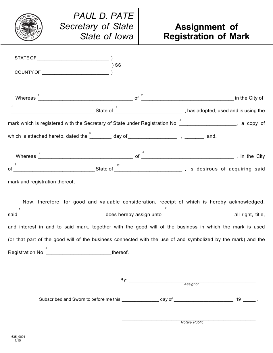 Form 635_0001 Assignment of Registration of Mark - Iowa, Page 1