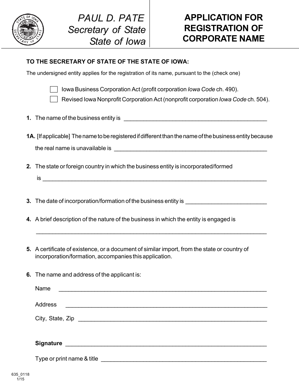 Form 635_0118 Application for Registration of Corporate Name - Iowa, Page 1