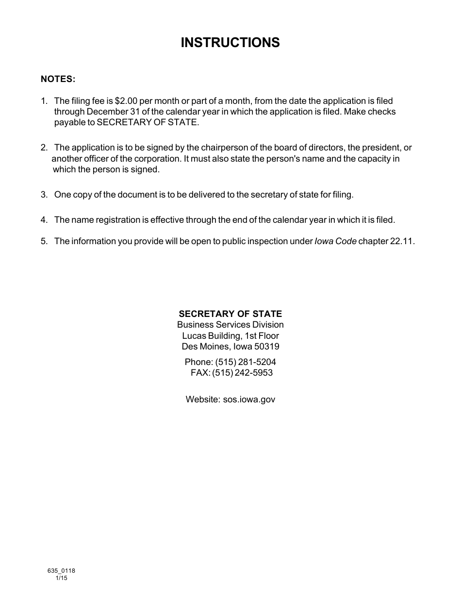 Form 635_0118 Application for Registration of Corporate Name - Iowa, Page 2