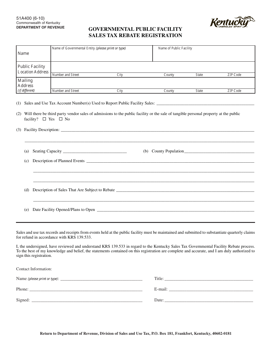 Form 51A400 Governmental Public Facility Sales Tax Rebate Registration - Kentucky, Page 1