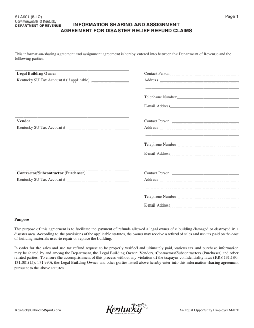 Form 51A601 Information Sharing and Assignment Agreement for Disaster Relief Refund Claims - Kentucky