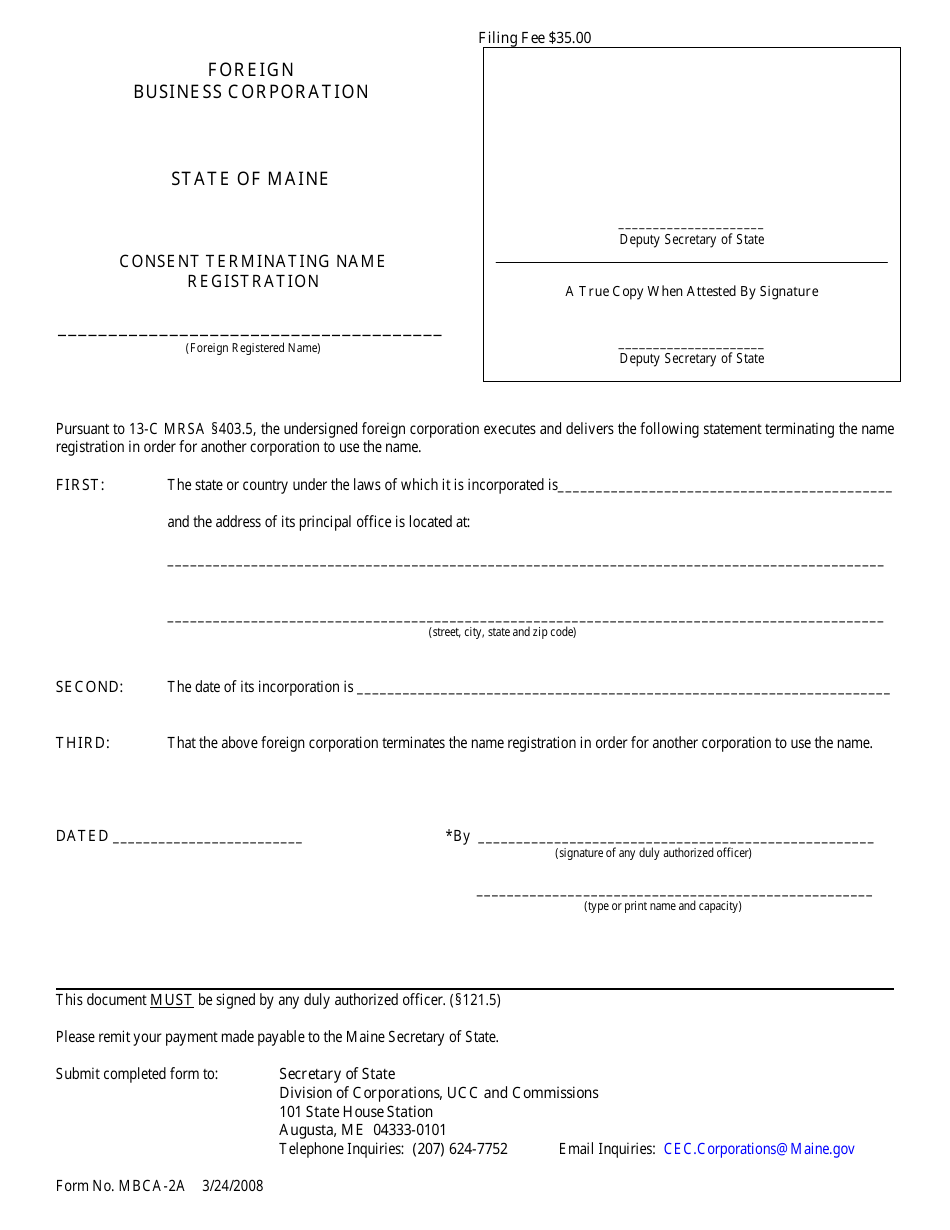 Form MBCA-2A Consent Terminating Name Registration - Maine, Page 1