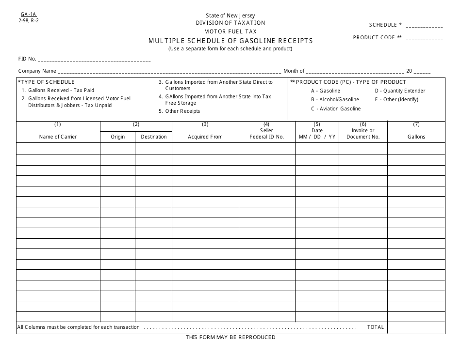 Form GA-1A Motor Fuel Tax Multiple Schedule of Gasoline Receipts - New Jersey, Page 1