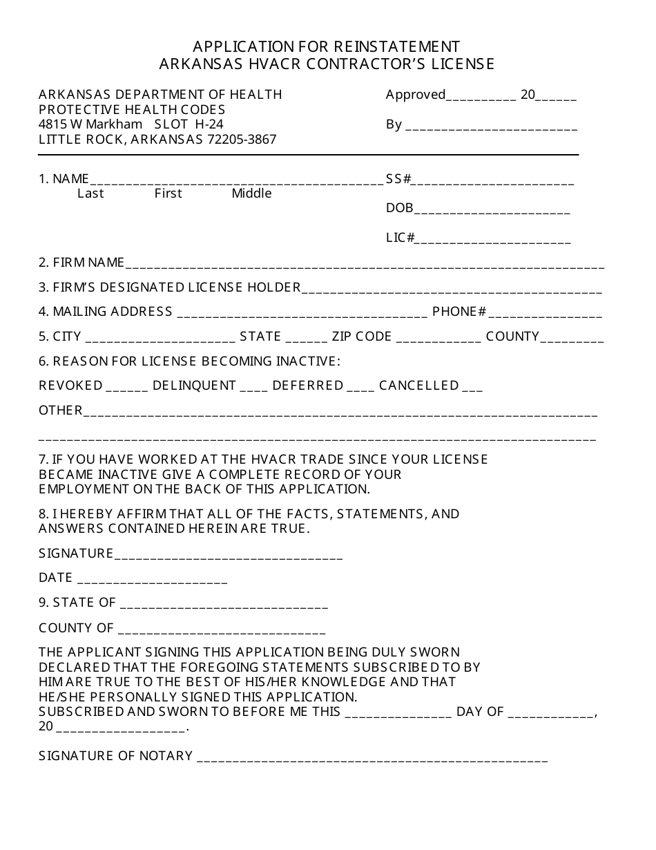 Arkansas Hvac R Reinstatement Application Form Download Printable Pdf Templateroller