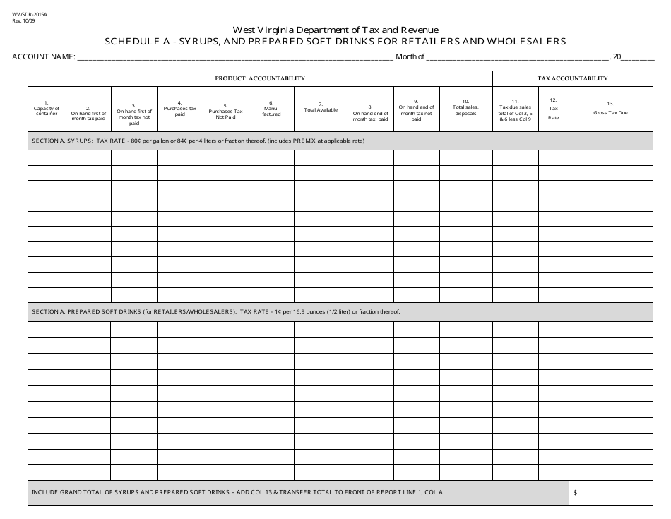 Form WV / SDR-2015A Schedule A Syrups, and Prepared Soft Drinks for Retailers and Wholesalers - West Virginia, Page 1