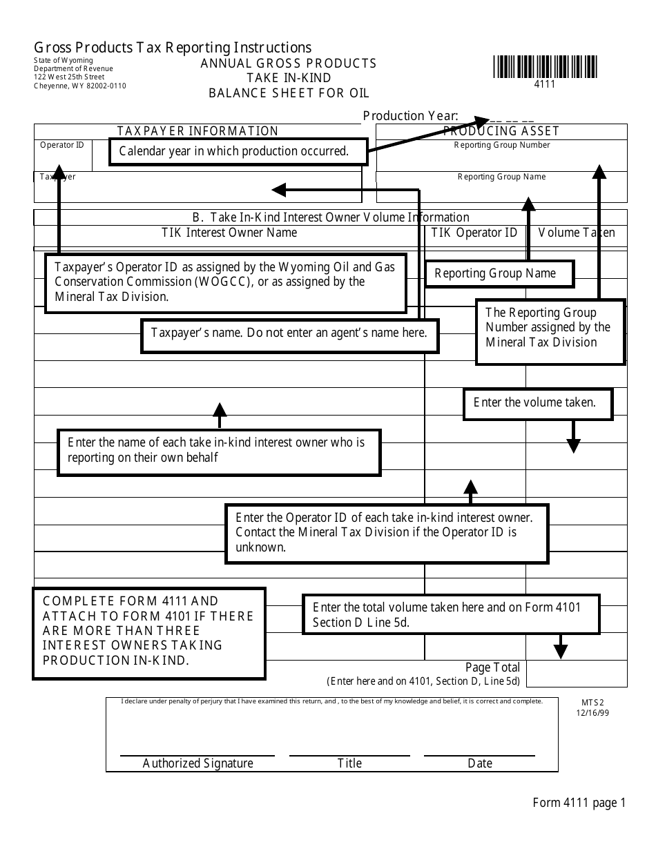 Form 4111 Annual Gross Products Take-In-kind Balance Sheet for Oil - Wyoming, Page 3