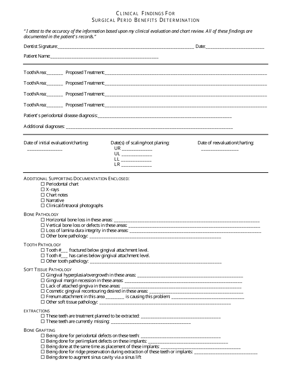 Clinical Findings Information Form for Surgical Perio Benefits Determination, Page 1