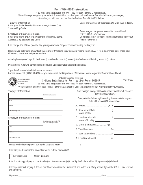 Form WH-4852 Indiana Substitute for Form W-2 or Form 1099-r - Indiana