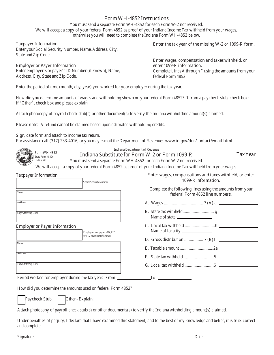 Form WH-4852 Indiana Substitute for Form W-2 or Form 1099-r - Indiana, Page 1